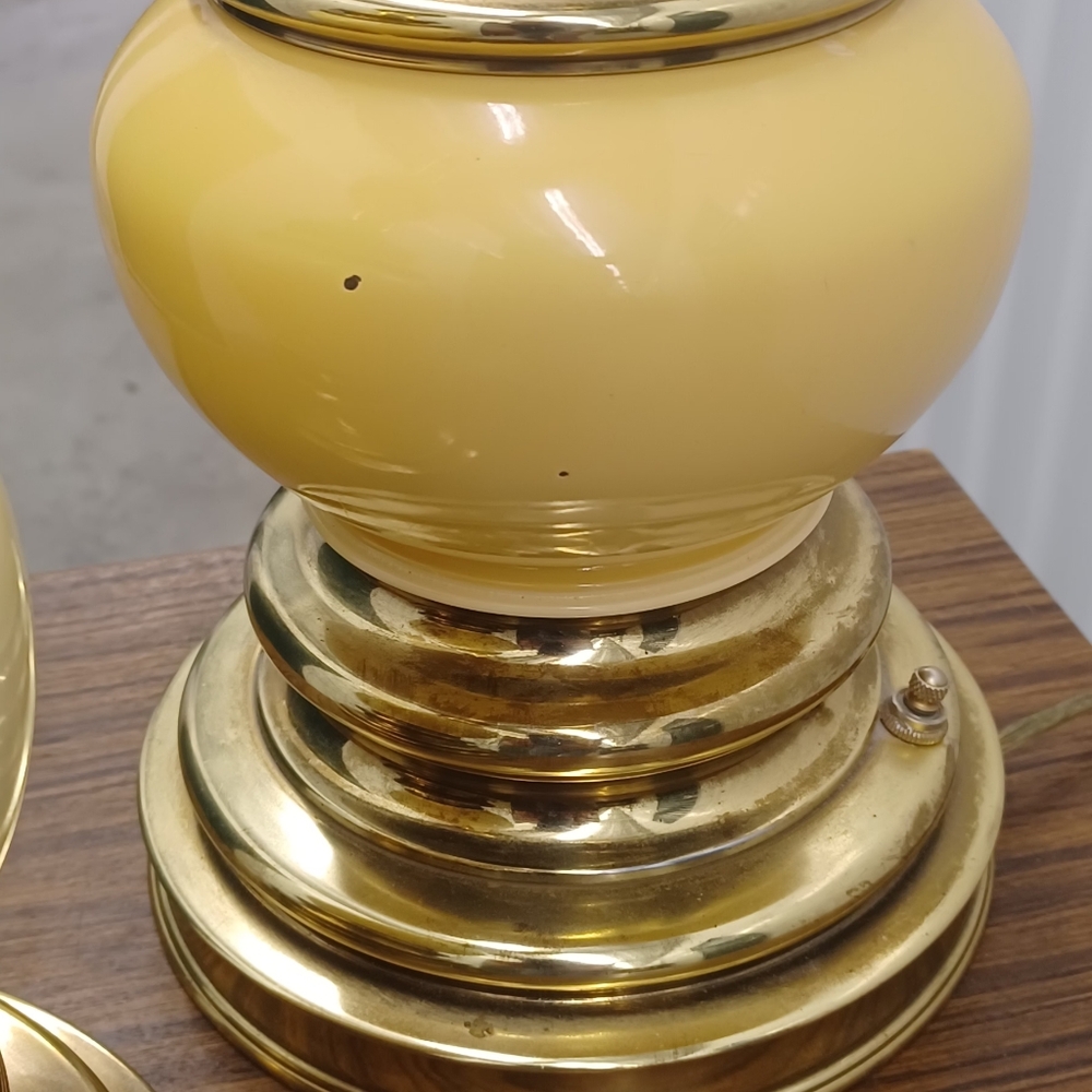 Vintage pair of brass and enamel table lamps by Rembrandt Masterpiece
